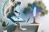 A futuristic writing desk with a floating holographic screen showing a digital quill pen writing, next to a Eucalyptus tree with a koala resting on a branch.