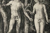 A woodcut print of Adam, Eve, and the serpent in the Garden of Eden