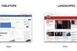 A screenshot of Personal Capital, a money management web app is shown on the left, labeled “Tabletops.” A screenshot of BBC news, a content-based website is shown on the right, labeled “Landscapes.”