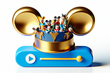 A golden Mickey Mouse ear hat filled with miniature Simpsons characters peering out, with a blue streaming bar labeled Disney+ at the bottom