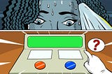 A retro pop art style vector illustration of a panicked woman in dilemma choosing a button
