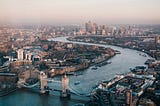 London, UK aerial photo facing east overlooking London Bridge.