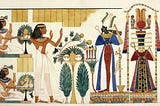 Ancient Egyptian painting representing a religious ceremony. Shows a group of priesteses adoring a god-like figure.