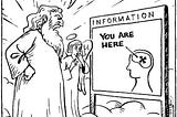 An old bearded man the clouds stands next to a winged man with a halo while looking at an “Information” sign. The God has His hands on His hips and asks, “Is this someone’s idea of a joke?! The Information sign says “you are here” and points to an x inside a person’s head.