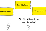 Three stories: “Solve global poverty”, “Solve global hunger”, “Solve gender inequality”. Developer responding with “Uh, I think these stories might be too big”