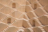Multiple staircases at the Chand Baori stepwell in Rajasthan in India, all pointing in different directions and offering various pathways