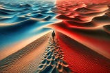 A lone seeker tries to walk a difficult line in the sand in a desolate landscape of dunes.