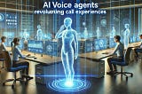 Futuristic call center with holographic AI agents interacting with virtual interfaces, managing multiple calls simultaneously in a modern, high-tech setting.