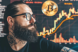 Should You Buy Bitcoin or a Bitcoin ETF?! Exploring the Pros and Cons of Investing in a Spot Bitcoin ETF, AI image created by Henrique centieiro and bee lee on midjourney v6. A man with beard, tattoo and glasses, with the background showing Bitcoin logo and a investment chart.