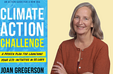 A photo of Joan Gregerson next to her new book, Climate Action Challenge.