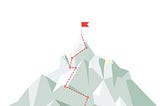 A geometric light green mountain with a winding red dashed line going up to the top, where there is a red flag at the peak