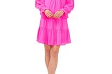 Pink A-line Tiered Dress with Long Sleeves | Image