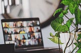 Laptop open with blurred screen of 20 tiles of people on a video call. Plant with green leaves in focus on the right.