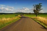 Estrada de asfalto com gramas ao redor e uma arvóre alta ao lado direito da estrada. Céu azul com algumas nuvens brancas ao fundo.