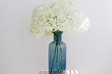 White flowers in a blue bottle vase, in front of a white wall, sitting on top of a book stack on a sunny day