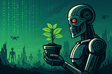 Image generated by Chat GPT — matrix (the movie) style letters combined with cartoonish terminator like robot holding plant pot.