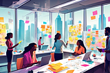 An artistic, bustling corporate brainstorming session in a modern, glass-walled office, featuring a diverse group of professionals using digital devices and sticky notes to map out innovative ideas on a large whiteboard, with the city skyline in the background.