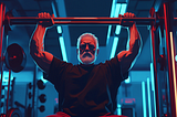 An older man is lifting weights in a futuristic gym with a holographic trainer and advanced equipment. The setting features neon lights, metallic surfaces, and clean lines. It’s a digital illustration with a cyberpunk style, using vibrant colors and a dynamic composition that highlights strength and determination.