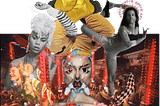 eccentric collage of images with shot of yellow platform boots