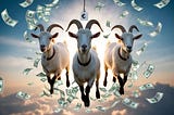 Goats descend from the sky, surrounded by a flurry of paper bills, with a price tag hanging from their horns