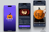 Three mobile screens for a pumpkin carving app displaying the design library and virtual stencil feature.