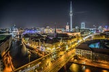 cityscape of Berlin and Alexanderplatz in Germany in the evening.
