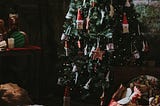 Decorated Christmas tree with wrapped presents in bundles surrounding it.