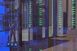 Glowing blue glass box with a complex of wires, electrical equipment, and columns of green lights