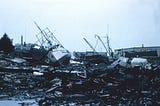 Wrecked ships and debris after a tsunami.