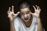 Angry woman growling, hands outstretched like claws