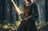 A fair-haired medieval maiden, Maribel, wielding a glowing sword in a forest clearing.