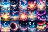 A vivid and colourful image showcasing various sky scenes from morning to night, including sunrise, sunset, storm clouds, starry night, auroras, meteor showers, and an eclipse.