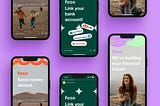 Instagram stories with young people, colorful geometrical patterns, and signs “Link your bank account” and “Build your financial future” are being shown on multiple iPhone screens.