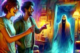 Three friends in a spooky room react in fear to a ghostly figure with hollow eyes and a sinister grin approaching, with flickering lights and eerie shadows.
