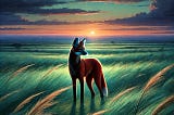 A lone maned wolf stands in tall green grass at dusk, its reddish fur glowing in the sunset. A distant city fades into the horizon on one side, while open wilderness stretches on the other.