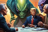 A frightening pair of aliens skulk in the background while political leaders chat around a table