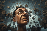 A tattooed man wearing glasses and looking in wonder as a variety of puzzle blocks with characters on them float around his head