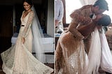 A bride wore a gold wedding dress with a plunging neckline that was covered in head-to-toe sparkles