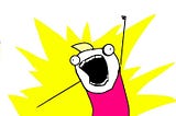 All the things meme (stick figure in pink dress looking excited in front of yellow splash background)