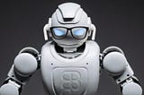 A white robot with glowing angry eyes wearing black rimmed glasses with the Figma logo embossed on its chest.