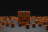 a dark background and one big brown cube and many other little brown cubes all of them smiling