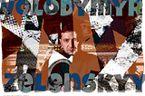 This is a fragmented, composited digital illustration featuring Volodymyr Zelenskyy, President of Ukraine, and including images of the Russian invasion, and the splendid Presidential office in the Mariinskyi Palace. Zelenskyy looks straight out at the viewer with a serious expression.