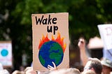 Protesters with picket signs, one in the middle made of cardboard and the words, “wake up” and picture of a burning earth