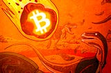 Dinossaurs on suits about to be hit by a huge Bitcoin meteor. Comic with orange colors.