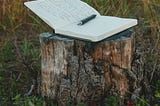 Photo of journal open to a poem with a pen resting on it on a tree stump in a field.