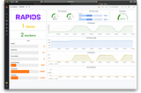 A screenshot of an example RAPIDS Grafana dashboard showing metrics including: GPU temperature, GPU power usage, free disk space, number of Dask tasks in a variety of states, CPU utilization, GPU utilization, host memory and NVLink bandwidth.