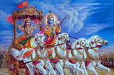Arjuna fighting in battle alongside Lord Krishna.