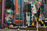 Mural of Bob Dylan’s face in multi colors