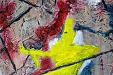 An abstract painting with brick-colored background and black angular lines semi framing a yellow humanish figure with a red-shaped  contour in its grasp