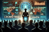 A CEO stands at a podium with a crowd silhouette behind him, digital graphs and security shields are projected on a screen behind him.  The words CrowdStrike Update are displayed on the screen in bold letters.